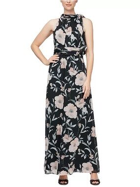 SLNY Black Maxi Dress with Blush Floral Print Size 6